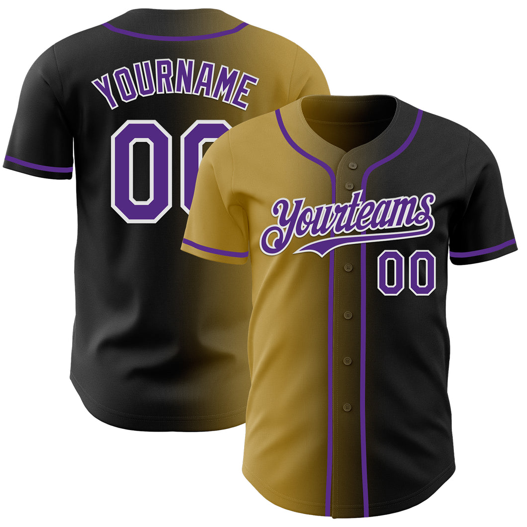 Custom Black Purple Old Gold-White Authentic Gradient Fashion Baseball Jersey