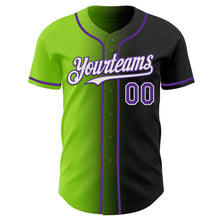 Laden Sie das Bild in den Galerie-Viewer, Custom Black Purple Neon Green-White Authentic Gradient Fashion Baseball Jersey

