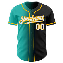 Laden Sie das Bild in den Galerie-Viewer, Custom Black White Aqua-Gold Authentic Gradient Fashion Baseball Jersey
