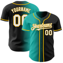 Laden Sie das Bild in den Galerie-Viewer, Custom Black White Aqua-Gold Authentic Gradient Fashion Baseball Jersey
