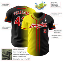 Laden Sie das Bild in den Galerie-Viewer, Custom Black Red Light Yellow-White Authentic Gradient Fashion Baseball Jersey
