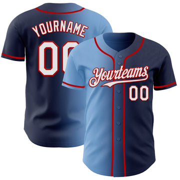 Custom Navy White Light Blue-Red Authentic Gradient Fashion Baseball Jersey