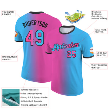 Custom Sky Blue Pink-Black Gradient Fashion Performance T-Shirt