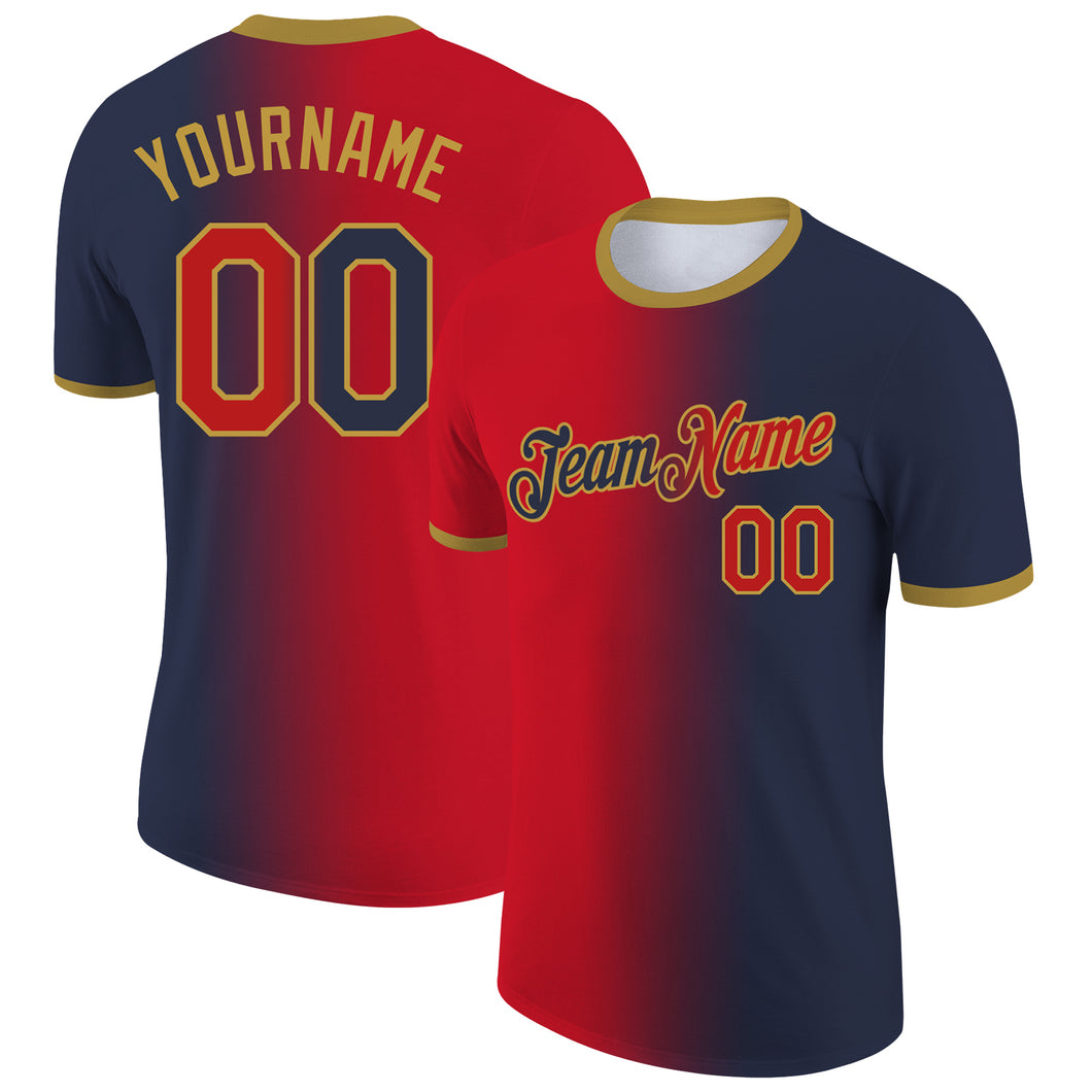 Custom Navy Red-Old Gold Gradient Fashion Performance T-Shirt