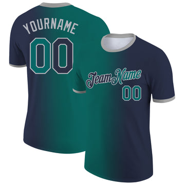 Custom Navy Teal-Gray Gradient Fashion Performance T-Shirt