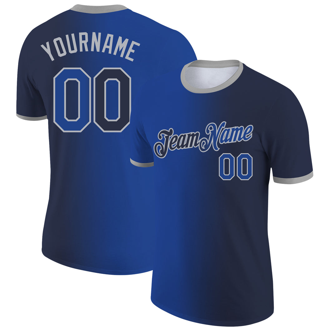Custom Navy Royal-Gray Gradient Fashion Performance T-Shirt
