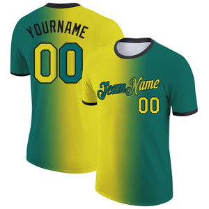 Custom Teal Neon Yellow-Black Gradient Fashion Performance T-Shirt