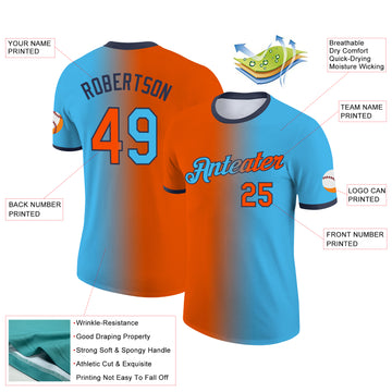 Custom Sky Blue Orange-Navy Gradient Fashion Performance T-Shirt