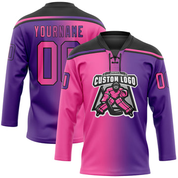Custom Purple Pink-Black Gradient Fashion Hockey Lace Neck Jersey