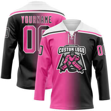 Custom Black Pink-White Gradient Fashion Hockey Lace Neck Jersey