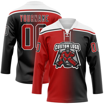 Custom Black Red-White Gradient Fashion Hockey Lace Neck Jersey