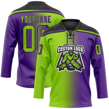 Custom Purple Neon Green-Black Gradient Fashion Hockey Lace Neck Jersey