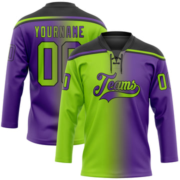 Custom Purple Neon Green-Black Gradient Fashion Hockey Lace Neck Jersey