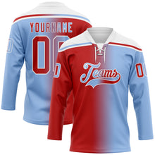 Laden Sie das Bild in den Galerie-Viewer, Custom Light Blue Red-White Gradient Fashion Hockey Lace Neck Jersey
