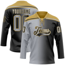 Laden Sie das Bild in den Galerie-Viewer, Custom Black Gray-Old Gold Gradient Fashion Hockey Lace Neck Jersey
