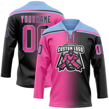 Laden Sie das Bild in den Galerie-Viewer, Custom Black Pink-Light Blue Gradient Fashion Hockey Lace Neck Jersey
