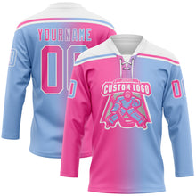 Laden Sie das Bild in den Galerie-Viewer, Custom Light Blue Pink-White Gradient Fashion Hockey Lace Neck Jersey
