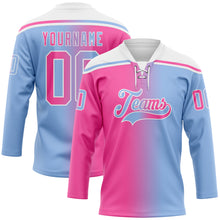 Laden Sie das Bild in den Galerie-Viewer, Custom Light Blue Pink-White Gradient Fashion Hockey Lace Neck Jersey
