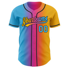 Laden Sie das Bild in den Galerie-Viewer, Custom Gold Sky Blue Pink-Black Authentic Gradient Fashion Baseball Jersey
