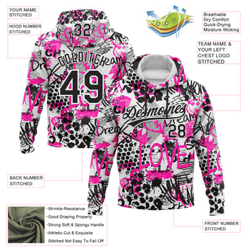 Custom Stitched Graffiti Pattern White-Black 3D Sports Pullover Sweatshirt Hoodie