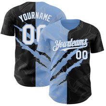 Load image into Gallery viewer, Custom Graffiti Pattern White Black-Light Blue 3D Scratch Authentic Baseball Jersey
