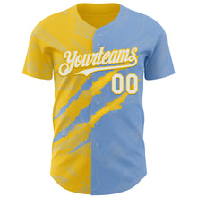 Load image into Gallery viewer, Custom Graffiti Pattern White Light Blue-Yellow 3D Scratch Authentic Baseball Jersey
