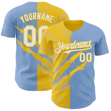 Load image into Gallery viewer, Custom Graffiti Pattern White Light Blue-Yellow 3D Scratch Authentic Baseball Jersey
