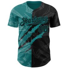 Load image into Gallery viewer, Custom Graffiti Pattern Black-Teal 3D Scratch Authentic Baseball Jersey
