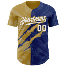 Load image into Gallery viewer, Custom Graffiti Pattern White Royal-Old Gold 3D Scratch Authentic Baseball Jersey
