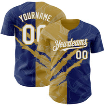 Load image into Gallery viewer, Custom Graffiti Pattern White Royal-Old Gold 3D Scratch Authentic Baseball Jersey
