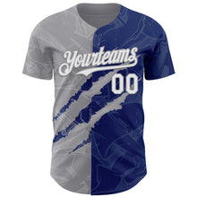 Load image into Gallery viewer, Custom Graffiti Pattern White Royal-Gray 3D Scratch Authentic Baseball Jersey
