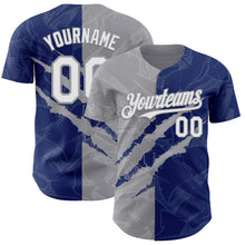 Load image into Gallery viewer, Custom Graffiti Pattern White Royal-Gray 3D Scratch Authentic Baseball Jersey
