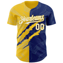 Load image into Gallery viewer, Custom Graffiti Pattern White Royal-Yellow 3D Scratch Authentic Baseball Jersey
