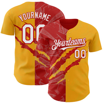 Custom Graffiti Pattern White Gold-Red 3D Scratch Authentic Baseball Jersey