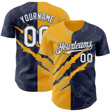 Загрузить изображение в средство просмотра галереи, Custom Graffiti Pattern White Navy-Gold 3D Scratch Authentic Baseball Jersey
