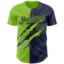 Загрузить изображение в средство просмотра галереи, Custom Graffiti Pattern Navy-Neon Green 3D Scratch Authentic Baseball Jersey
