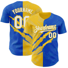 Загрузить изображение в средство просмотра галереи, Custom Graffiti Pattern White Thunder Blue-Yellow 3D Scratch Authentic Baseball Jersey
