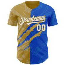 Загрузить изображение в средство просмотра галереи, Custom Graffiti Pattern White Thunder Blue-Old Gold 3D Scratch Authentic Baseball Jersey
