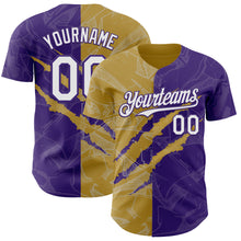 Загрузить изображение в средство просмотра галереи, Custom Graffiti Pattern White Purple-Old Gold 3D Scratch Authentic Baseball Jersey
