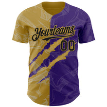 Загрузить изображение в средство просмотра галереи, Custom Graffiti Pattern Black Purple-Old Gold 3D Scratch Authentic Baseball Jersey

