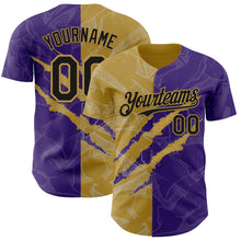 Загрузить изображение в средство просмотра галереи, Custom Graffiti Pattern Black Purple-Old Gold 3D Scratch Authentic Baseball Jersey
