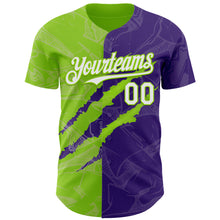 Загрузить изображение в средство просмотра галереи, Custom Graffiti Pattern White Purple-Neon Green 3D Scratch Authentic Baseball Jersey
