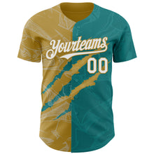 Load image into Gallery viewer, Custom Graffiti Pattern White Teal-Old Gold 3D Scratch Authentic Baseball Jersey
