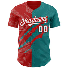 Load image into Gallery viewer, Custom Graffiti Pattern White Teal-Red 3D Scratch Authentic Baseball Jersey
