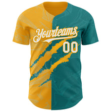 Load image into Gallery viewer, Custom Graffiti Pattern White Teal-Gold 3D Scratch Authentic Baseball Jersey
