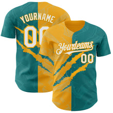 Load image into Gallery viewer, Custom Graffiti Pattern White Teal-Gold 3D Scratch Authentic Baseball Jersey
