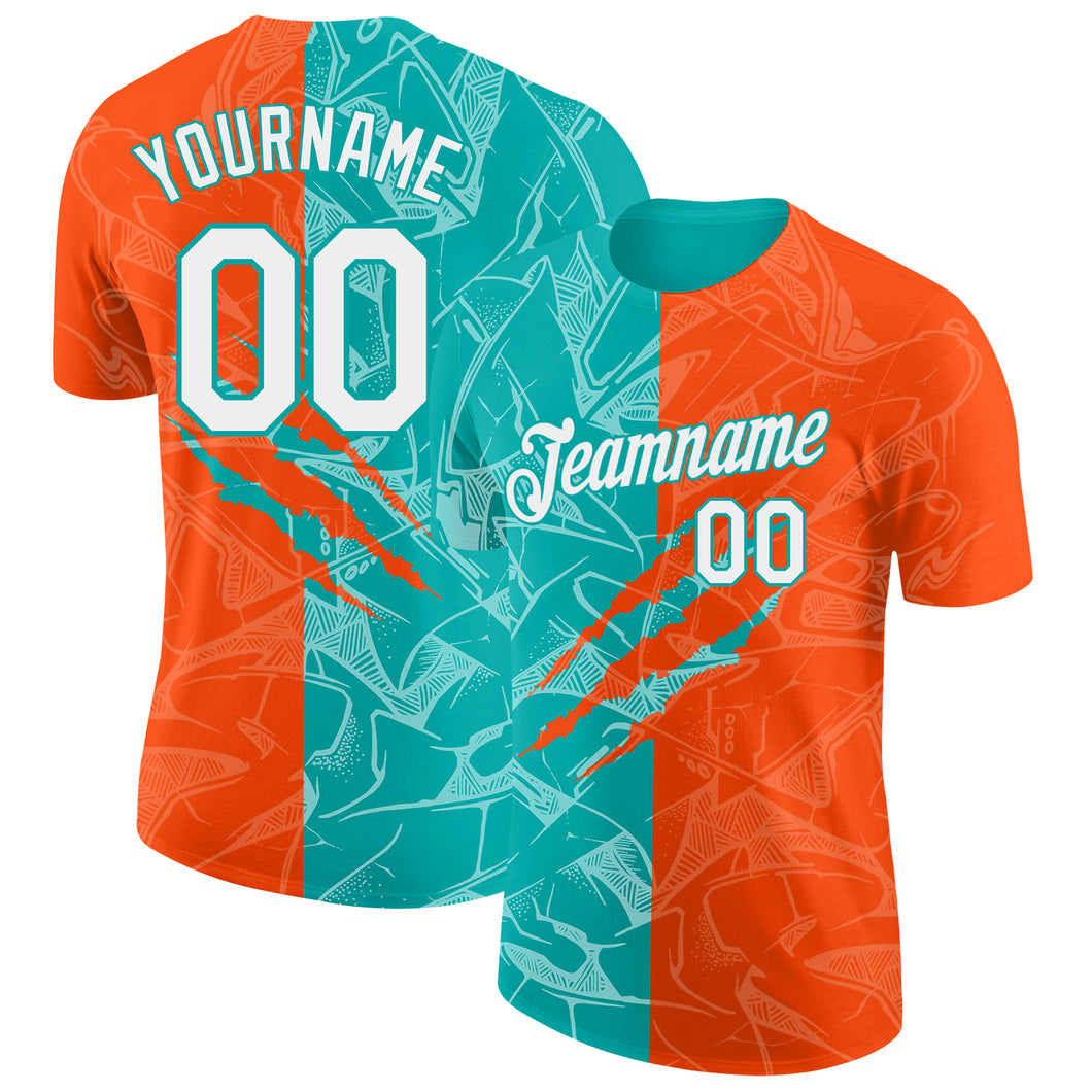 Custom Graffiti Pattern White Orange-Aqua Scratch 3D Performance T-Shirt