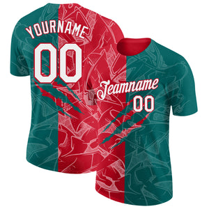 Custom Graffiti Pattern White Teal-Red Scratch 3D Performance T-Shirt