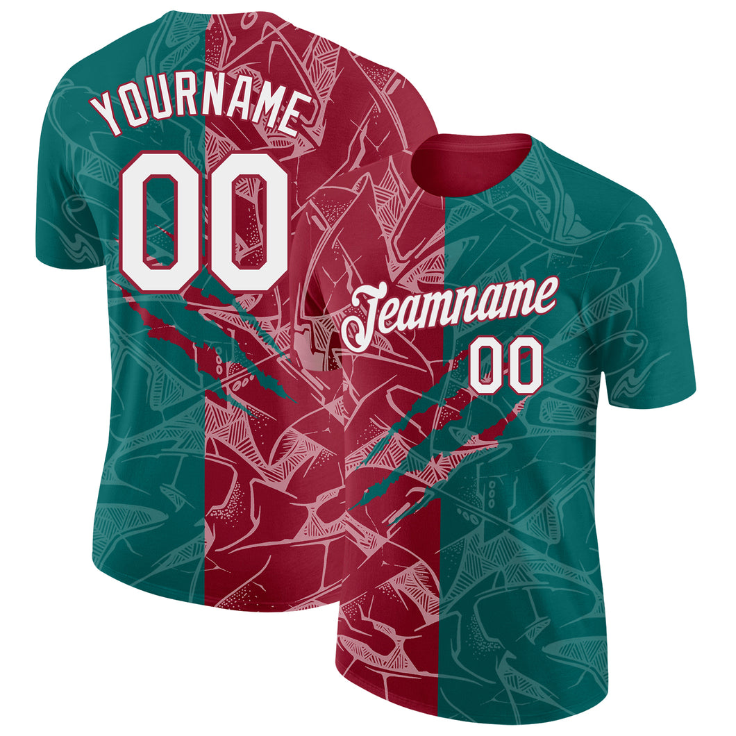 Custom Graffiti Pattern White Teal-Crimson Scratch 3D Performance T-Shirt