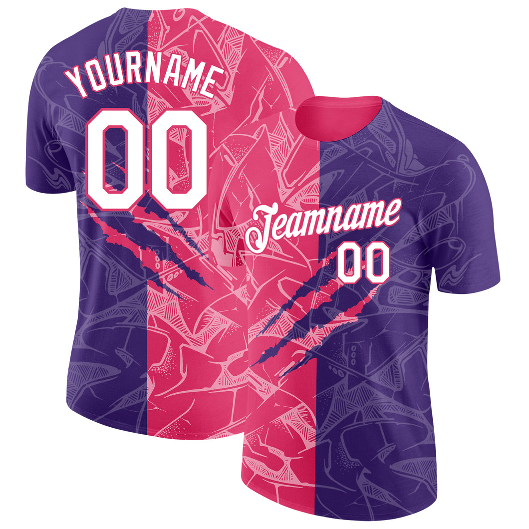 Custom Graffiti Pattern White Purple-Neon Pink Scratch 3D Performance T-Shirt
